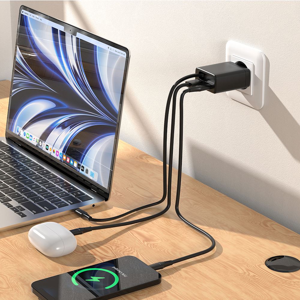 Chargeur Secteur 2 Ports - 65W - avec Câble USB-C Rétractable Intégré