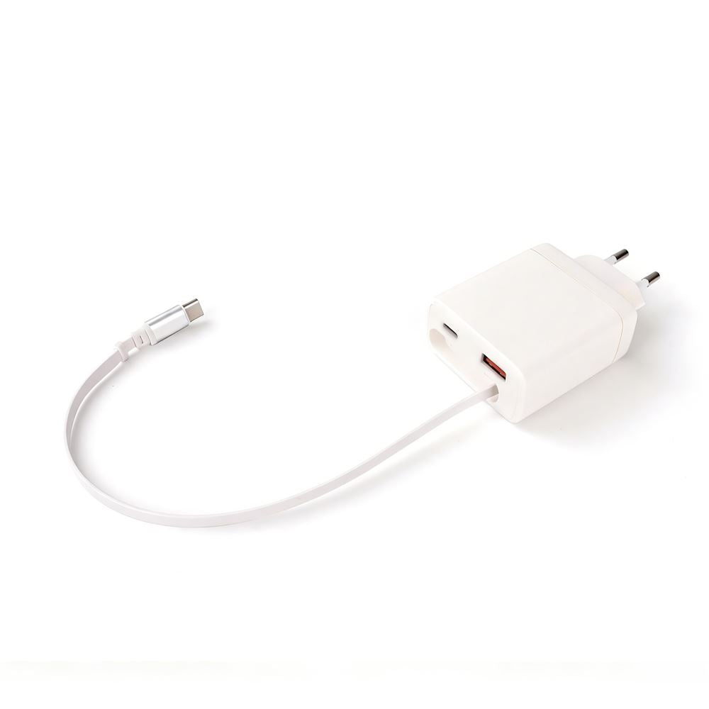 Chargeur Secteur 2 Ports - 65W - avec Câble USB-C Rétractable Intégré