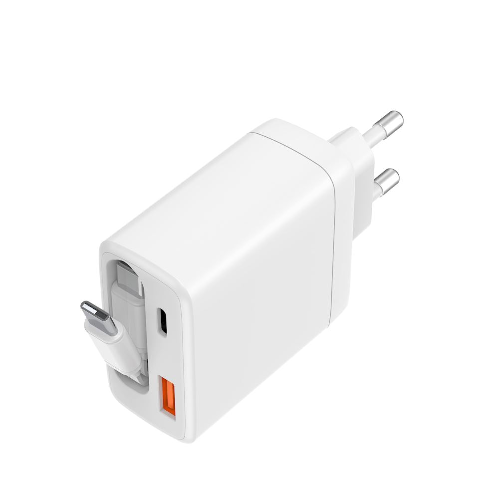 Chargeur Secteur 2 Ports - 65W - avec Câble USB-C Rétractable Intégré