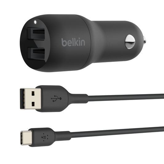 Adaptateur D'alimentation pour voiture - 24Watt -4,8 A - 2 connecteurs de sortie (USB) - sur le câble : USB-C - noir