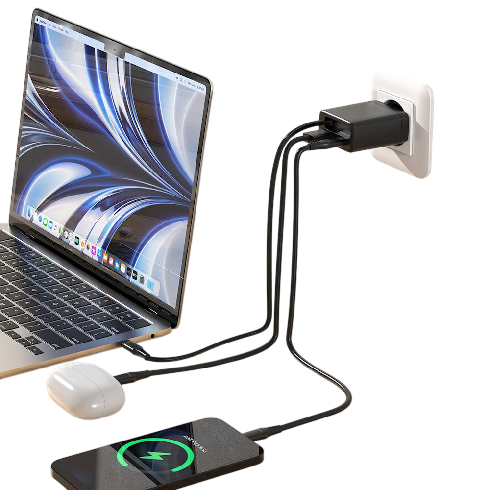 Chargeur Secteur 2 Ports - 65W - avec Câble USB-C Rétractable Intégré