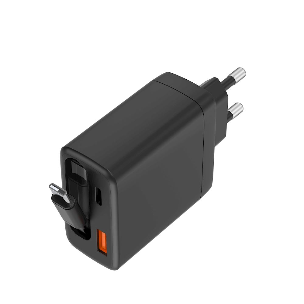 Chargeur Secteur 2 Ports - 65W - avec Câble USB-C Rétractable Intégré