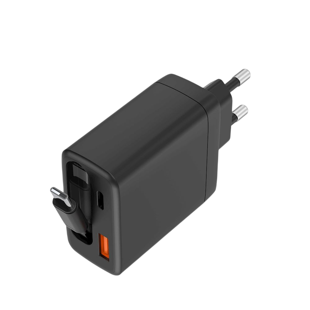 Chargeur Secteur 2 Ports - 65W - avec Câble USB-C Rétractable Intégré