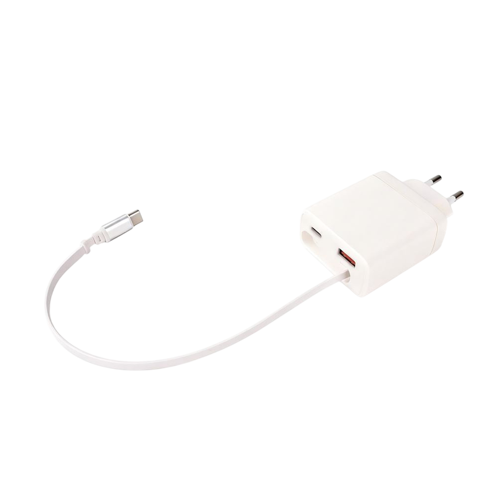 Chargeur Secteur 2 Ports - 65W - avec Câble USB-C Rétractable Intégré