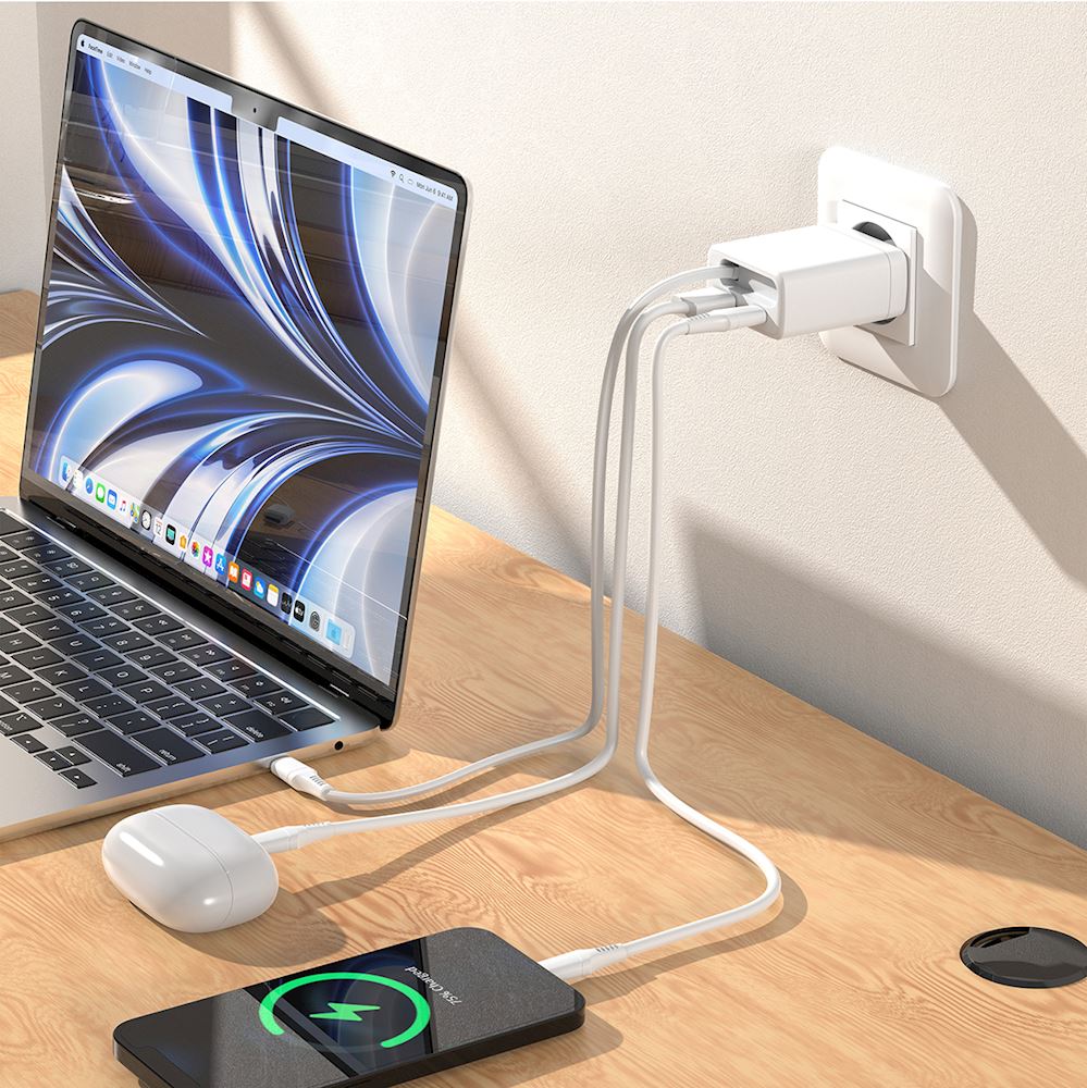 Chargeur Secteur 2 Ports - 65W - avec Câble USB-C Rétractable Intégré