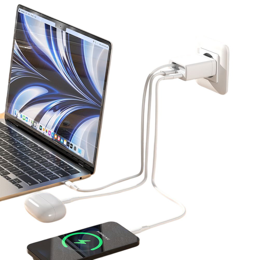 Chargeur Secteur 2 Ports - 65W - avec Câble USB-C Rétractable Intégré