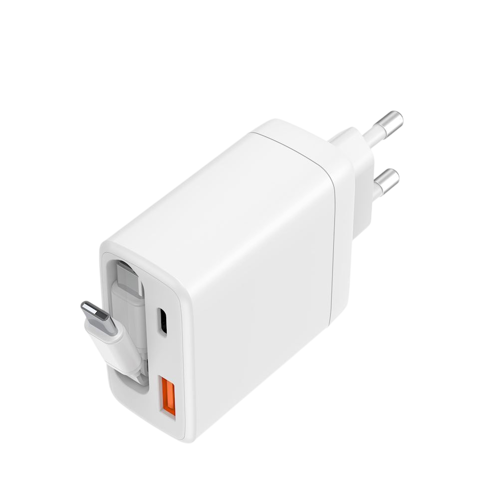 Chargeur Secteur 2 Ports - 65W - avec Câble USB-C Rétractable Intégré